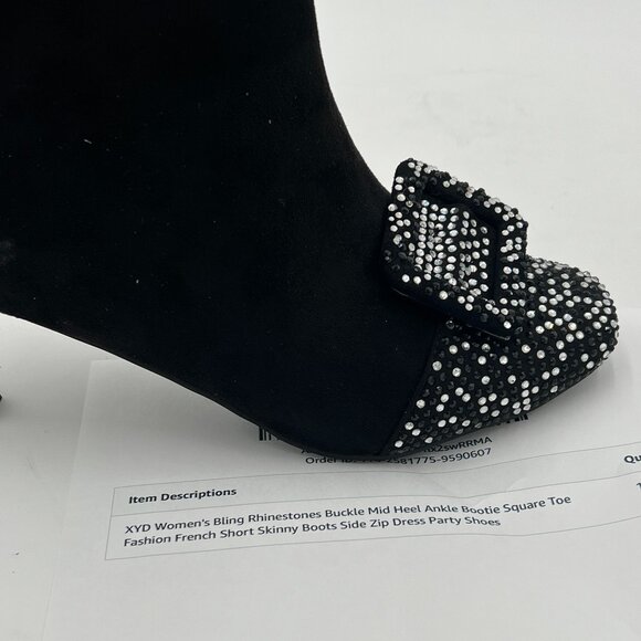 XYD Black Bling Rhinestones Buckle Mid Heel Ankle Bootie Square Toe Fashion Shoe - Picture 6 of 6